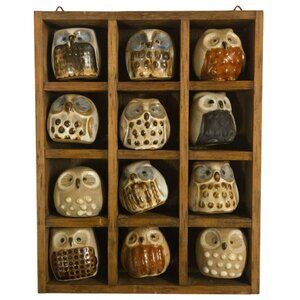 12 Miniature Pottery Owls in Display Cabinet Owl Collection Wall Art Vintage
